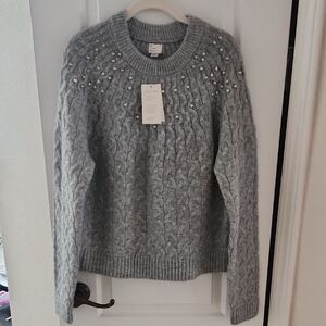a new day Gray Cable Knit Sweater with Rhinestone Accents, Size Large